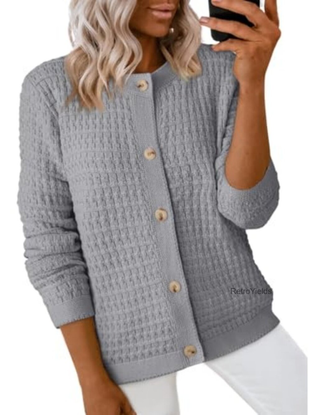 Button Down Knit Cardigan Sweater Long Sleeve Crew Neck